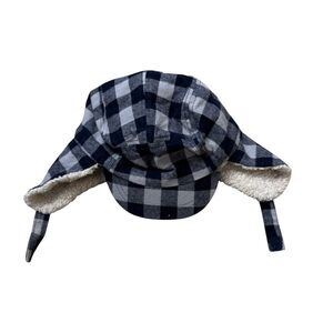 Old Navy Blue and Cream White Plaid Sherpa-Lined Earflap Hat Toddler/Kid Size L